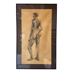 Vintage Nude Studio Standing Woman Figure Charcoal Drawing / Painting