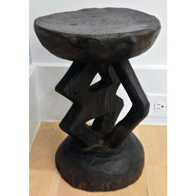 African Vintage Tonga Hand Carved Wood Stool – Brutalist Sculptural Side / Plant Table, 14" For Sale - Image 3 of 9