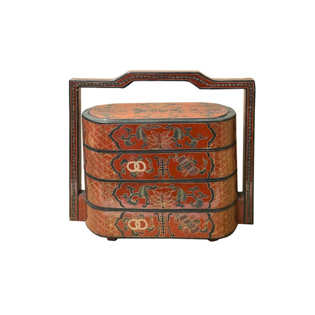 Chinese Brick Red Lacquer Color Treasure Graphic Stack Box Basket ...