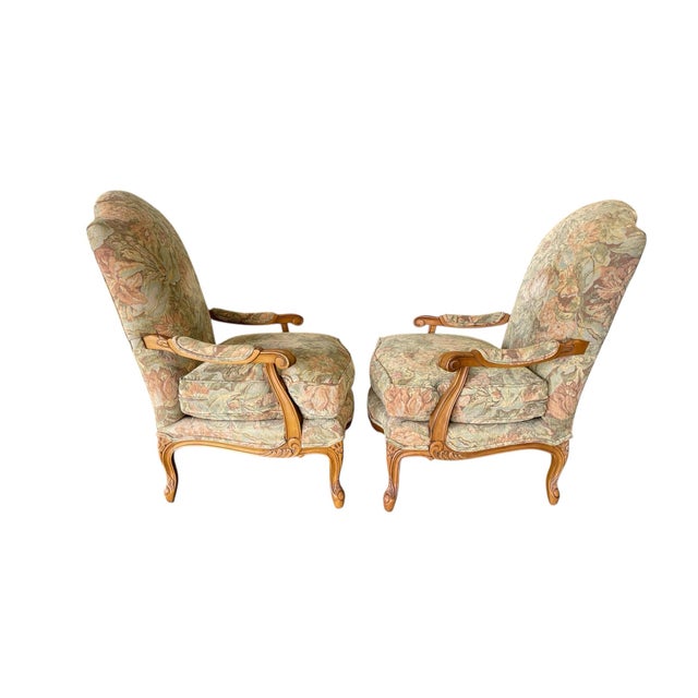 Brown Century Furniture French Style Bergère Armchairs in Floral Upholstery, a Pair For Sale - Image 8 of 12