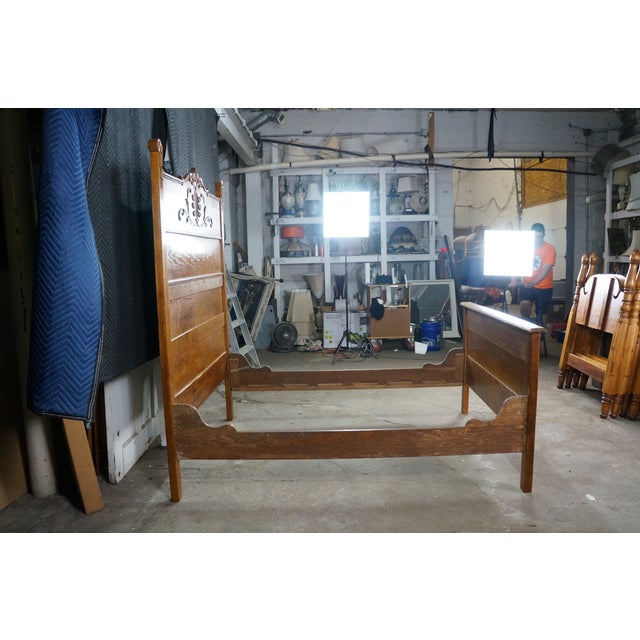 Brown Antique 19th C. American Victorian Carved Golden Oak Paneled High Back Bed Frame For Sale - Image 8 of 18