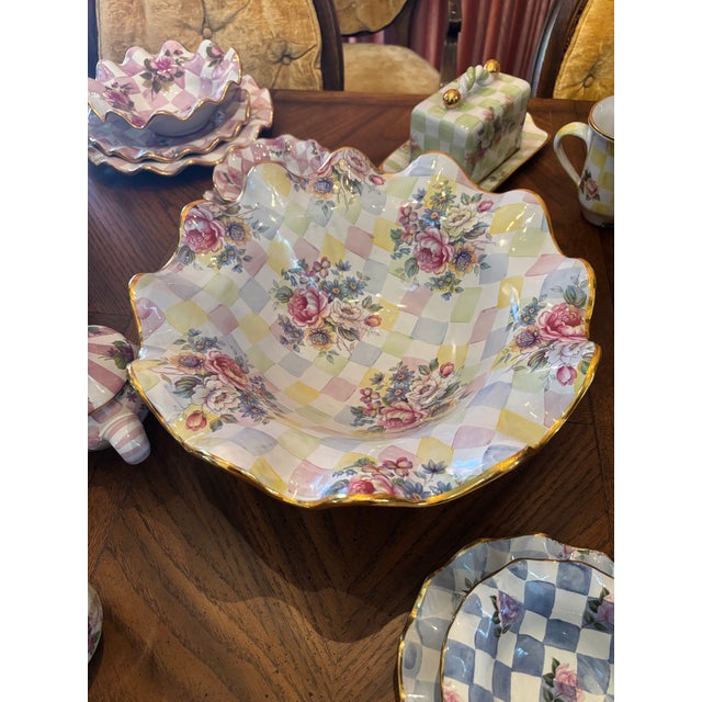 Beautiful Mackenzie Childs Honeymoon (retired) dinnerware in four different pastel checks with gold trim. Dusty rose,...