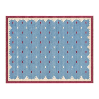 Handmade Cotton Vegetable Dyed Rug, Sky Blue and Pink Geometric Dhurrie-6'x9' For Sale