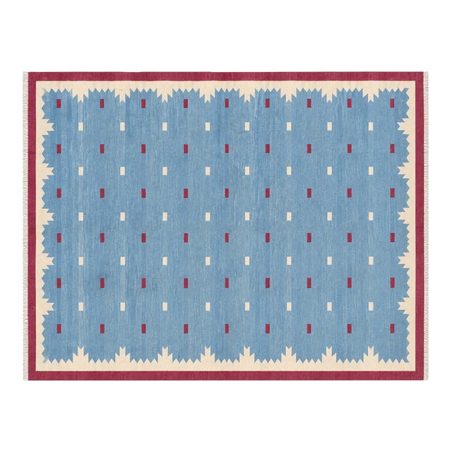 Handmade Cotton Vegetable Dyed Rug, Sky Blue and Pink Geometric Dhurrie-6'x9' For Sale