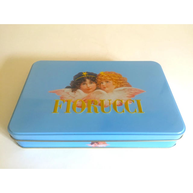 Contemporary Vintage 1980s Fiorucci New Wave Italian Fashion Cherub Angels Post Modern Blue Tin Metal Box For Sale - Image 3 of 13