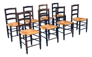 French Provincial Design Rush Dining Chairs, 1940s, Set of 8