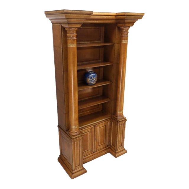 All Wrapped in Tooled Leather Massive Decorative Columns 2 Part Bookcase Hutch For Sale