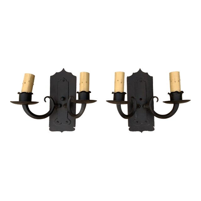 Late 20th Century Wrought Iron Double Sconces - a Pair For Sale