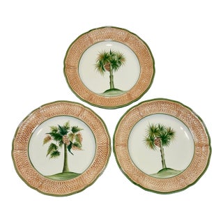 MCM Vietri Italian Wickerweave Border Tropical Coconut Palm Tree Porcelain Plates - A 3 Piece Set For Sale