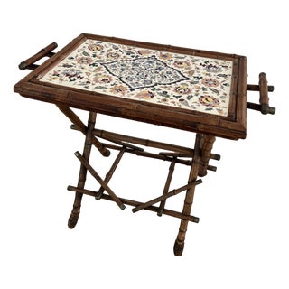 Antique English Aesthetic Movement Bamboo Tray Table With Inset Hand Painted Porcelain Top For Sale
