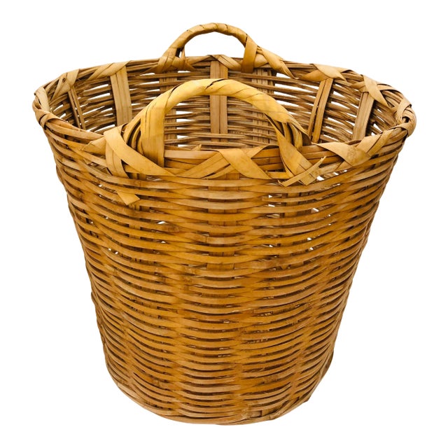 Vintage Natural Woven Wicker Laundry Basket For Sale