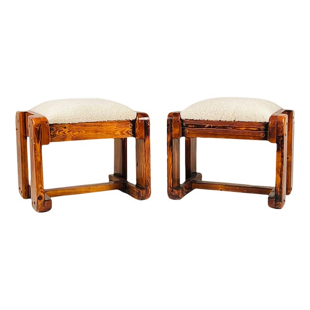 Pair of Late 20th Century Pine Stools With Shearling Upholstery For Sale