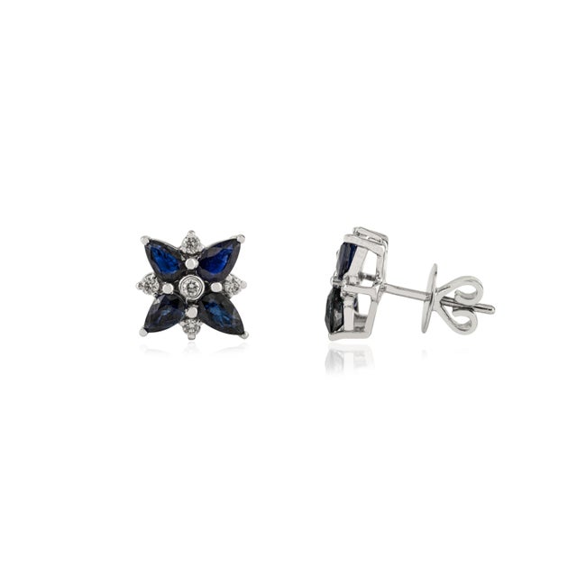 Art Deco VRJewels 1.9Ct Blue Sapphire & Diamond Floral Stud Earrings in 14k White Gold- A Pair For Sale - Image 3 of 12