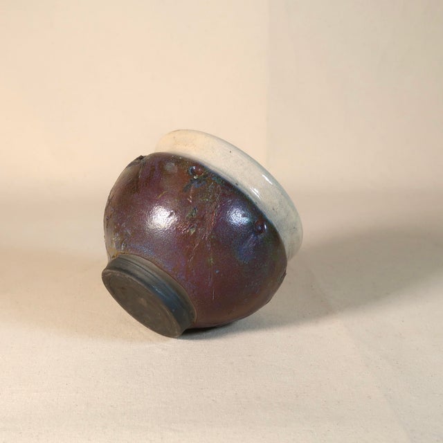 Late 20th Century Handmade Textured Raku Studio Pottery Vessel in Iridescent Burnt Sienna Glaze With Plum & Green Reduction Finish For Sale - Image 12 of 13