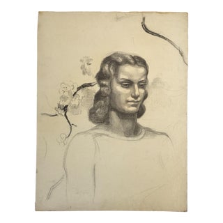 Antique Art Nouveau Portrait Study of a Woman With Cherry Blossoms (Charcoal on Woven Paper) For Sale
