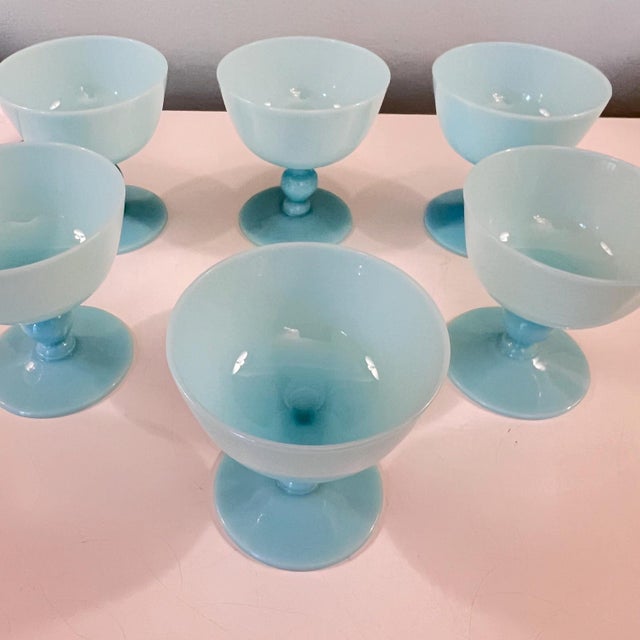 American 1930s Pretty set of 6 Morgantown Americana Turquoise blue opaline coupes // demi crystal // sherbet / champagne glasses // blue glasses For Sale - Image 3 of 6