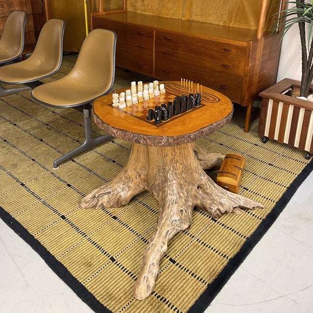 Hand Made Chess and Cribbage Live Edge Game Table on Tree Stump With Pieces For Sale - Image 4 of 17