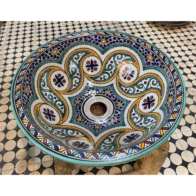 Contemporary Handmade Sink Handpainted Moroccan Zowaqa Pottery Sink Basin For Sale - Image 6 of 6