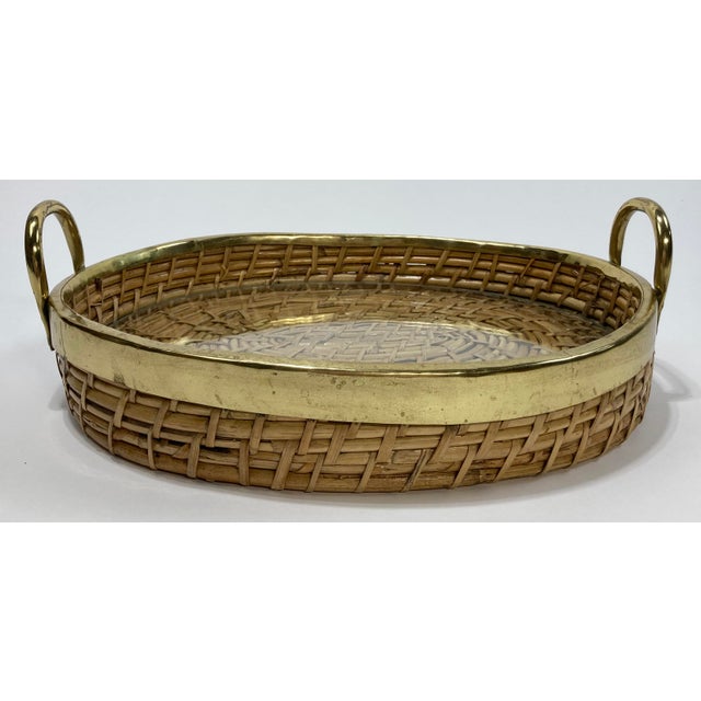 Mid-Century Modern Vintage Gabriella Crespi Style Brass Rim Coiled Rattan Tray For Sale - Image 3 of 8
