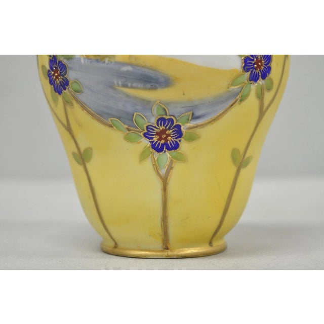 Early 20th Century Antique Nippon Hand Painted Porcelain Moriage Mountain Scene Small Yellow Vase For Sale - Image 5 of 12
