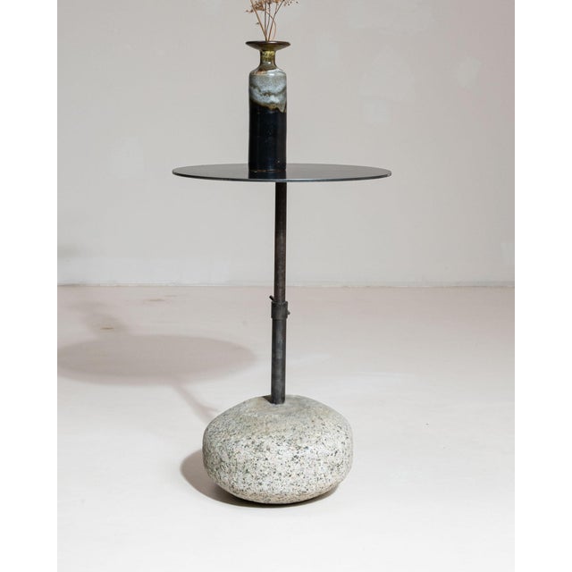 Stone 21st Century Poland Deep Charcoal Grey Round Stone-Base Side Table For Sale - Image 7 of 10