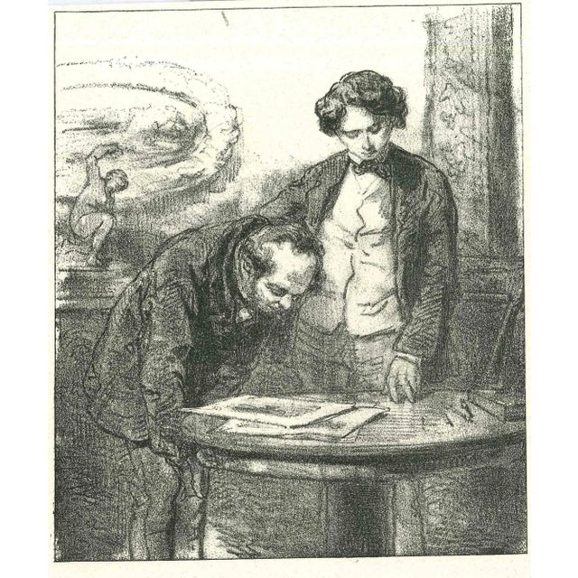 The Reading Men is an original lithograph artwork on ivory-colored paper, realized by the French draftsman Paul Gavarni...
