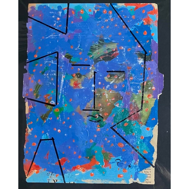 1960’s original abstract portrait painting / drawing done on torn paper laid down on black mat board. Framed in gold leaf...