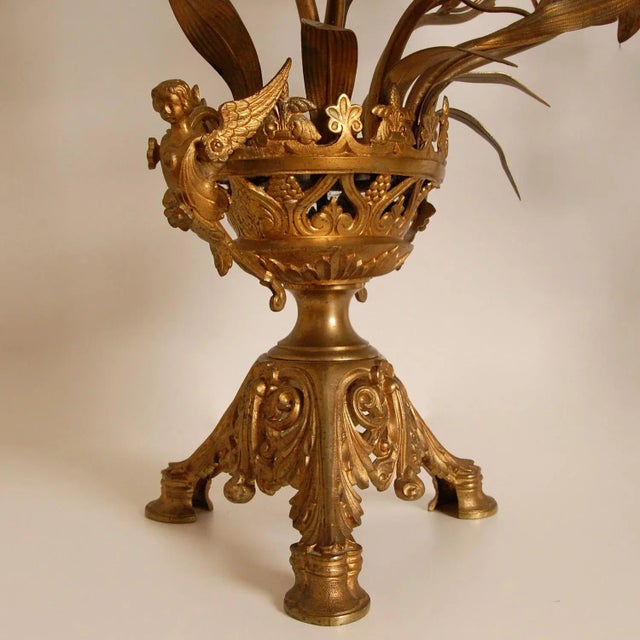 French Country Antique French Candelabra Gold Bronze Brass Church Candelabra Opaline Glass Flowers For Sale - Image 3 of 11