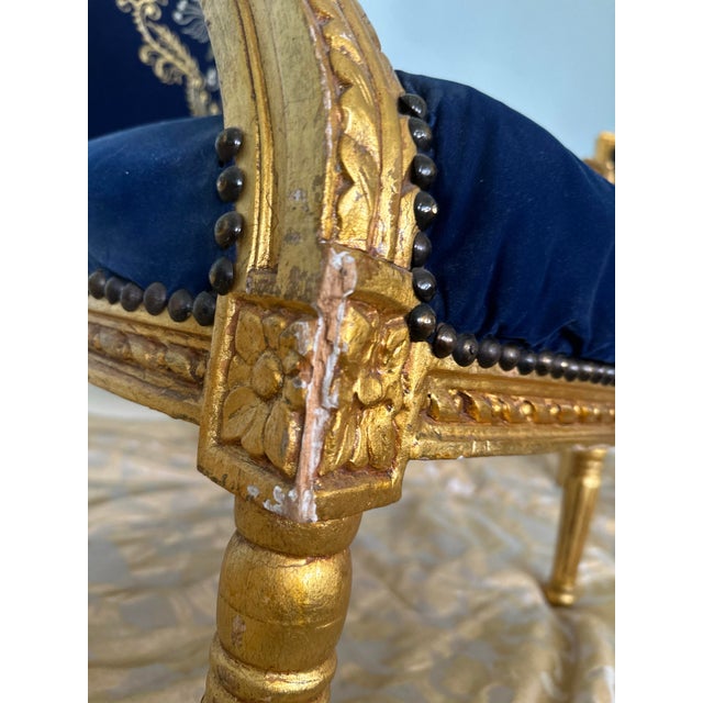 Mid 20th Century French Louis XVI Style Giltwood & Navy Embroidered Velvet Fauteuils- Pair For Sale - Image 10 of 18