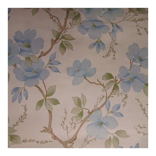 1970s Vintage Blue Flower Motif Wallpaper For Sale