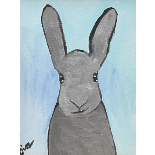 Farmhouse Folk Art Gray Bunny Rabbit Hare Oil Painting Including the Antiqued Gold Wood Frame For Sale - Image 3 of 5