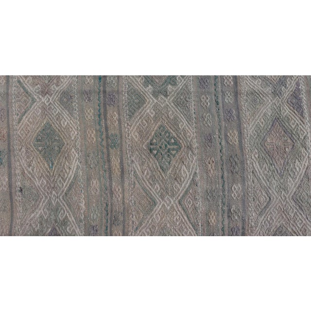 Gray Mid 20th Century Vintage Turkish Flat-Weave Kilim With Stripes and Embroideries With Gray-Green For Sale - Image 8 of 12