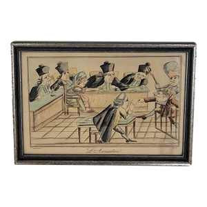 l'Accusation Hand Colored Courtroom Lithograph Engraving French Satirical Legal Scene