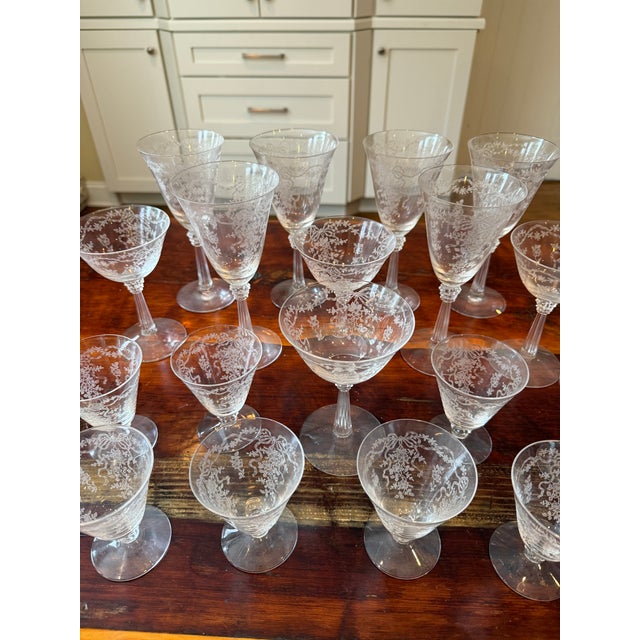 Fostoria 12-Piece Set of Vintage Fostoria Romance Pattern Etched Crystal Glassware With Flowers and Ribbon Designs For Sale - Image 4 of 14
