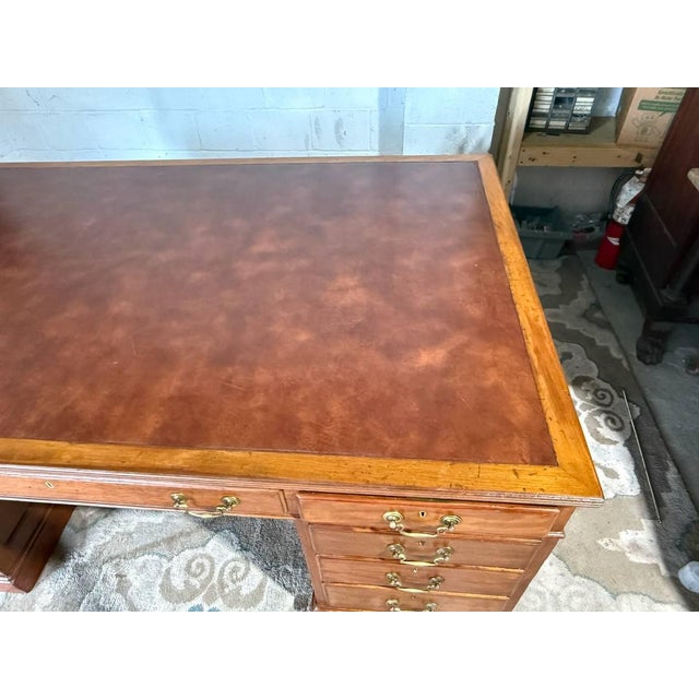 19th Century Large Size Antique English Geogra Style Oak Leather Top Double Pedestal Partner Executive Desk For Sale - Image 13 of 18