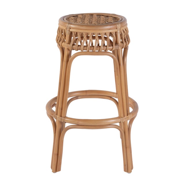 Coastal Antigua 30.5 in. Seat Height Round Rattan Bar Stool with Footrest, Natural Rattan For Sale - Image 3 of 7