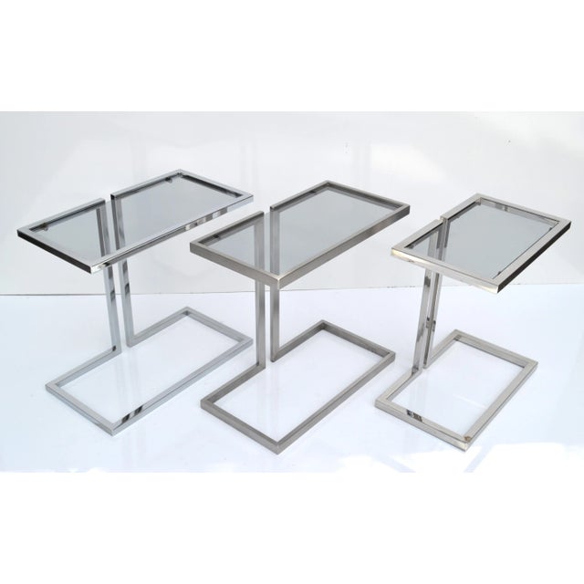 Guy Lefèvre 3 French Mid-Century Modern Silver Finish & Smoked Glass Top Drink Table For Sale - Image 12 of 13