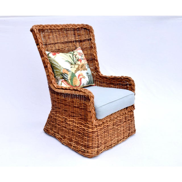 Wood 1960s Sculptural Braided Wicker Wingback Rattan Chair & Ottoman Set For Sale - Image 7 of 12