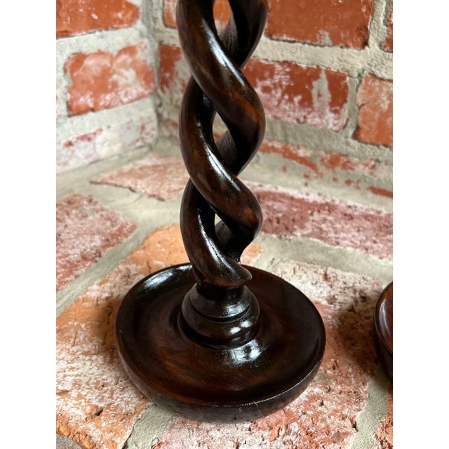 Pair Set Antique English Oak Open Barley Twist Candlesticks Candle Holder Brass For Sale - Image 9 of 12