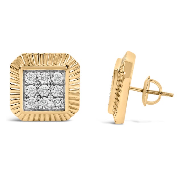 10K Yellow Gold Plated .925 Sterling Silver 1/6 Cttw Diamond Textured Halo Stud Earrings, A Pair For Sale - Image 4 of 5