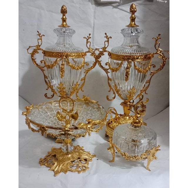 Louis XV Crystal Garniture Set Baroque Gold Urns, Bonbonniere Centerpiece Collection 4 Piece For Sale In Orlando - Image 6 of 6