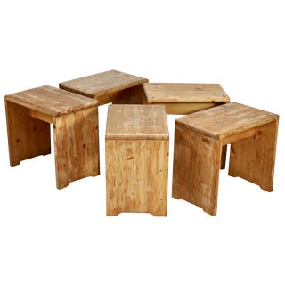 Pine Stools by Charlotte Perriand for Les Arcs, France, 1960, Set of 5 For Sale