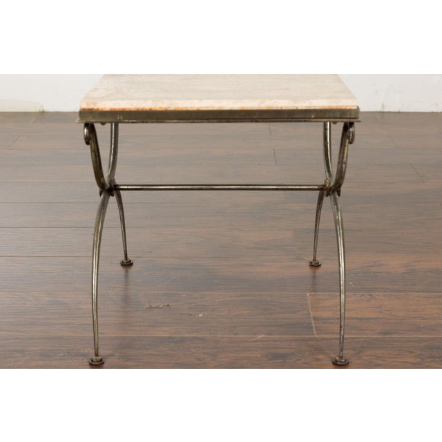Midcentury French Steel Side Table with Marble Top and Scrolling Supports For Sale - Image 9 of 12