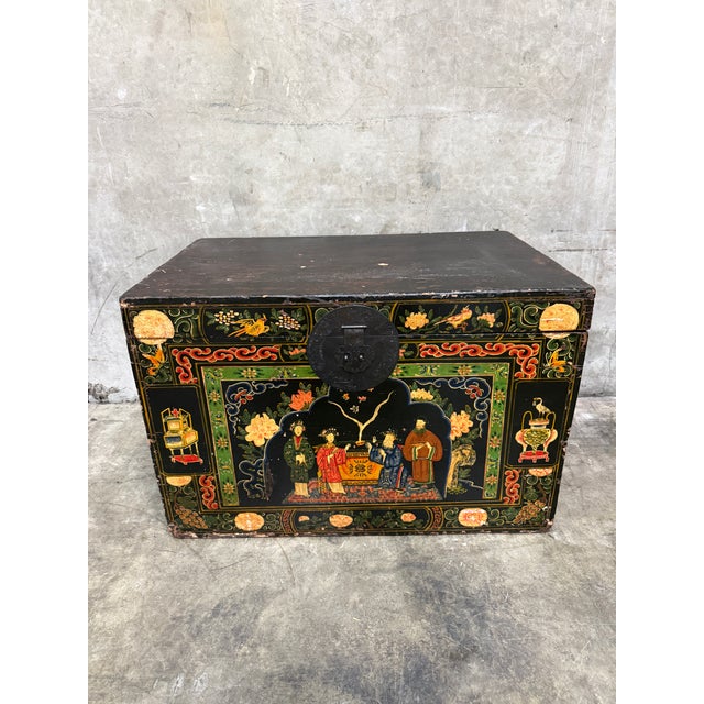 Antique Chinese Opera Trunk Hand Painted Wedding Chest Floral Motif For Sale In San Francisco - Image 6 of 17