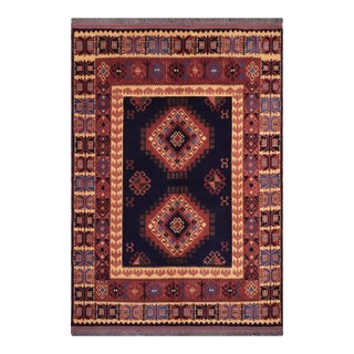 Rustic Kargahi 1980's Blue/Gold Wool Rug - 6'3'' X 9'6'' For Sale