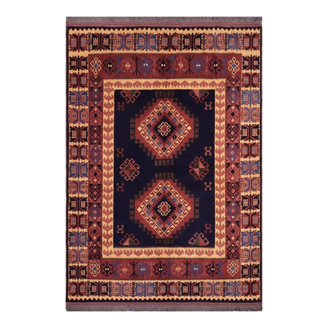 Rustic Kargahi 1980's Blue/Gold Wool Rug - 6'3'' X 9'6'' For Sale