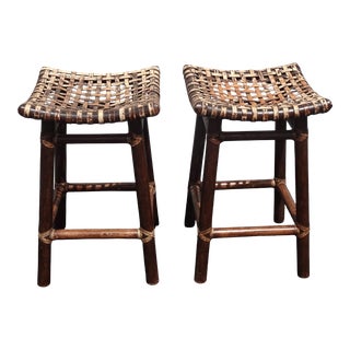 Vintage McGuire Brown Leather Counter Stools - Pair For Sale