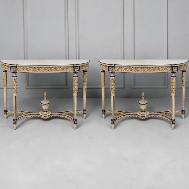 Wood Italian Neo-Classic Maison Jansen Style Carved & Painted Console Tables - Pair For Sale - Image 7 of 8