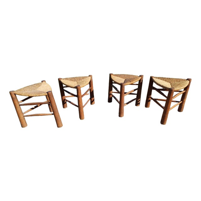 Vintage Triangular Tripod Wood and Straw Stools, 1950, Set of 4 For Sale