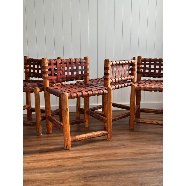 1940s Tuscan Leather Strap & Wood Dining Chairs, Set of 4 For Sale - Image 17 of 17